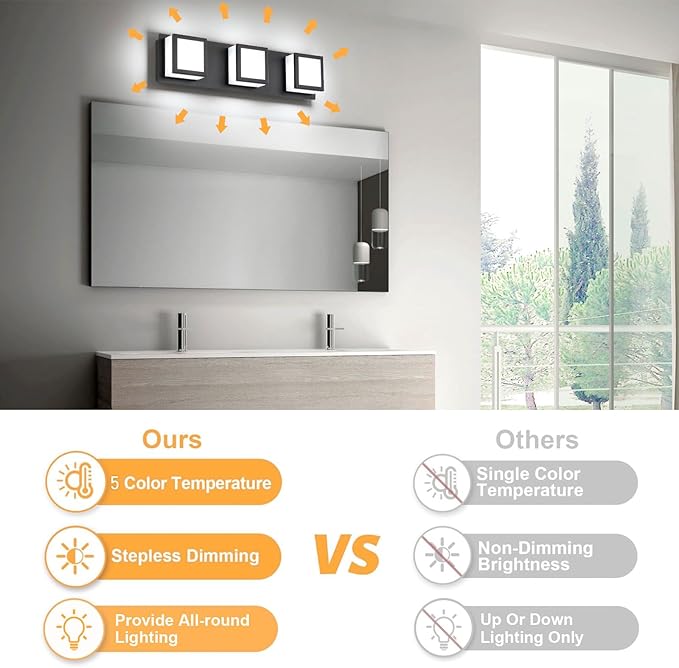 3-Light Bathroom Lighting Fixtures Over Mirror (5CCT, Dimmable), Black Led Modern Vanity Light for Bathroom (3000K/3500K/4000K/5000K/6000K)