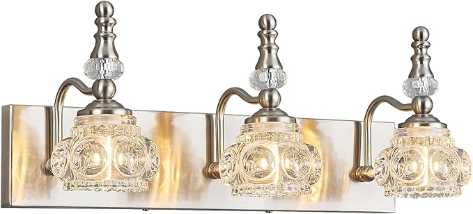 Modern Glass Crystal Vanity Light - Vintage Bathroom Lighting Fixtures Over Mirror, 3 Light Vanity Lights G9 Bulb (19.68 Inch, Nickel)