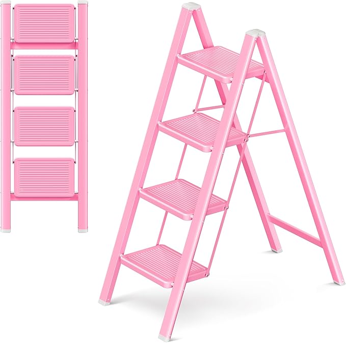 GameGem Pink 4 Step Ladder, Sturdy Foldable Ladder, Integrated 7.9Inch Wide Pedal and Anti-Slip Feet for Steady Support, Suitable for Kitchen, Closet, Indoor and Outdoor Use, 330Lbs Load