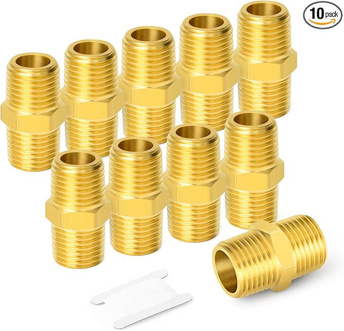 GASHER 10PCS Brass Hex Nipple, 1/2-Inch Male Pipe x 1/2-Inch Male Pipe Fitting
