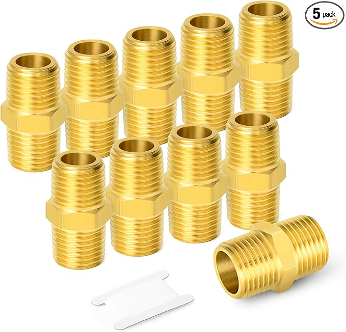 GASHER 5PC Brass Pipe Fitting, Reducing Hex Nipple, 3/4-Inch Male Pipe x 3/4-Inch Male Pipe