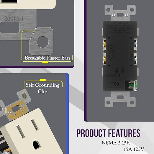 ENERLITES 10 Pack Light Almond Decorator Receptacle with Screwless Wall Plate, Standard Electrical Wall Outlet, 15A 125V, Self-Grounding, 2-Pole, 3-Wire, 5-15R, UL Listed, Tamper Resistant