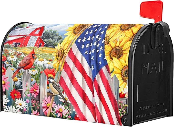 America Flag Patriotic Mailbox Covers - 4th of July Magnetic Standard Size 25.5x21 Inch Summer Floral Bird Waterproof Mailbox Wraps - Post Letter Box Covers - Garden Yard Decor for Outdoor