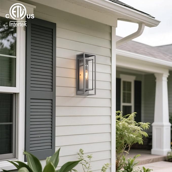 mirrea 18" Classic Outdoor Wall Sconce 1 Light in Rectangular Metal Frame and Clear Glass Shade Waterproof Porch Light Patio Light Pack of 2 (Matte Gray)