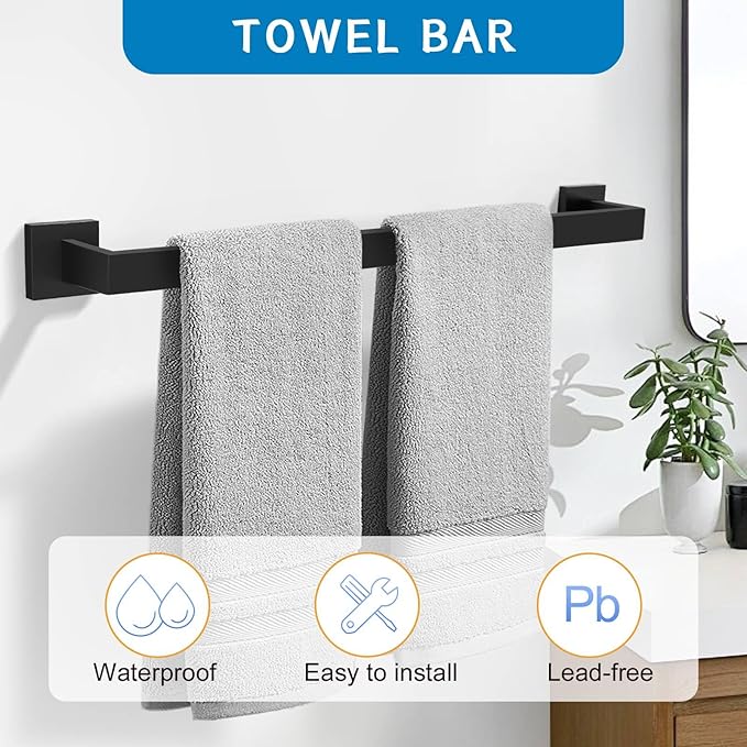 5 Pieces Bathroom Hardware Accessories Set Black Towel Bar Set Towel Holder Racks Set for Bathroom,SUS304 Stainless Steel,Wall Mounted 23.6-Inch