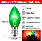 25 Pack C7 Clear Multicolor Incandescent Replacement Bulbs, 5W Warm White 2200K, E12 Base, Waterproof C7 Night Light Bulbs for Vintage Christmas String Lights Outdoor Indoor Home Party Decorations