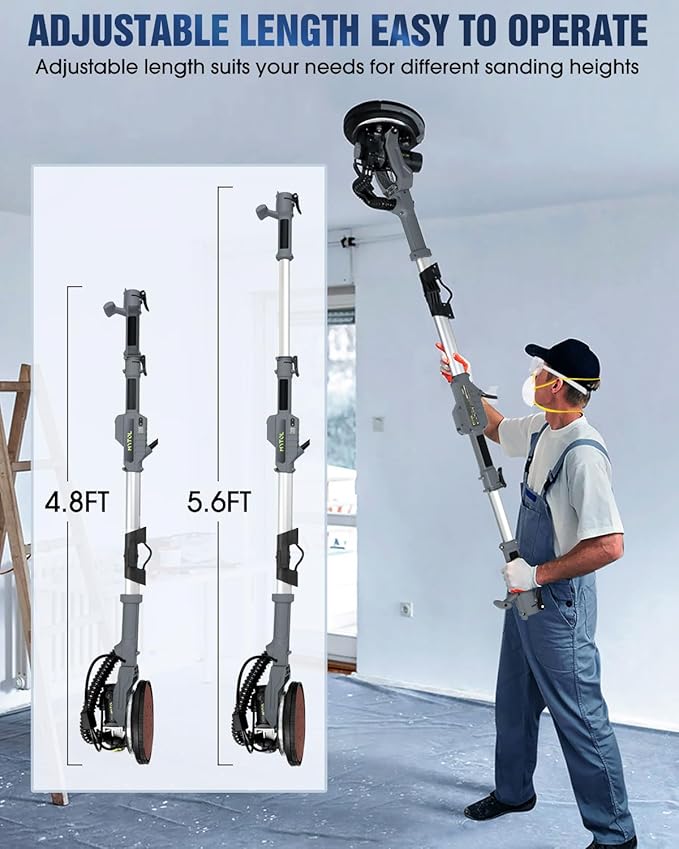 Drywall Sander, 7.2A Electric Drywall Sander with Vacuum Dust Collection, LED Light, 6 Variable Speed Digital Display 900-1800RPM, Foldable & Extendable Handle (GREY)