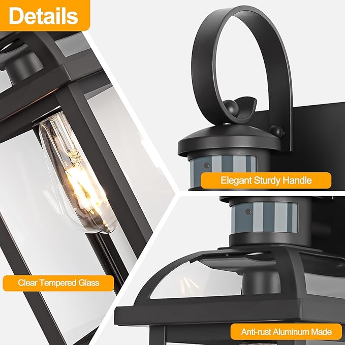 Motion Sensor Porch Lights Dusk to Dawn, 19 Inch Enclosed Bottom Anti-Rust Aluminum Black Outdoor Light fixtures 2 Pack Large Exterior Light Outdoor Wall Lights for House Garage Patio