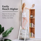 Step Ladder 3 Step Folding, Small Step Stool for Adults, Portable Anti-Slip Iron Stepladder with Wide Pedals for Home and Kitchen Use, Space Saving - White (300 lbs)