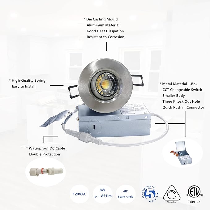 Premium Canless Recessed Gimbal Downlight Rotatable-Spotlight 5 CCT Eyeball Ceilling Potlight, Dimmable Lights Fixture with Junction Box, 8W CCT Adjustable (Brushed Nickel, 3 Inch)