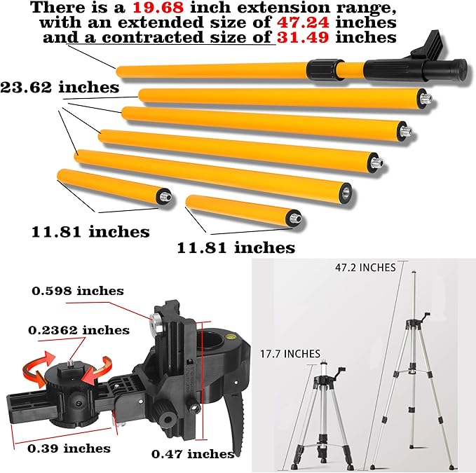 13.77-foot/4.2-meter multifunctional laser level pole with 3.93-foot/1.2-meter tripod and 1/4 or 5/8 threaded interface with swivel gimbal