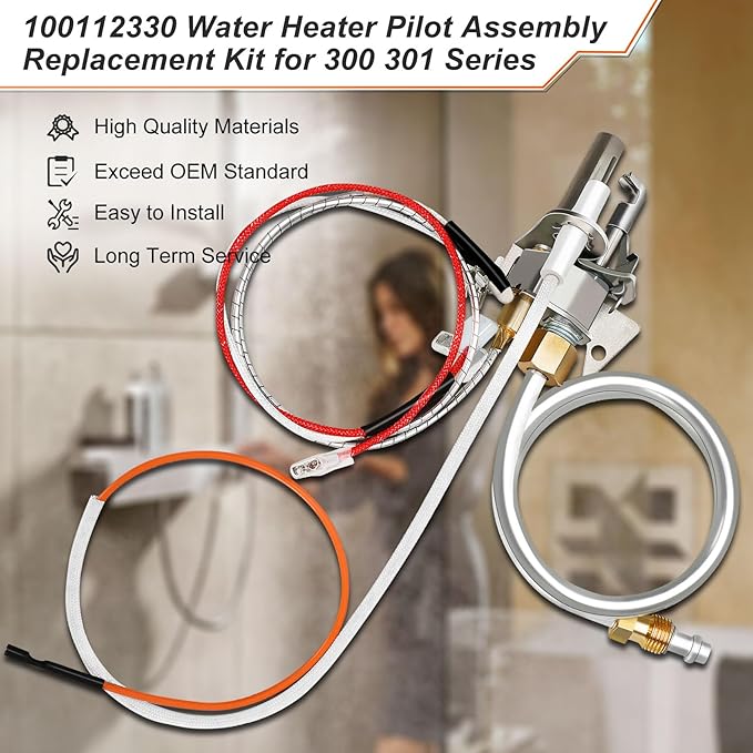 Upgrade 100112330 Water Heater Pilot Assembly, Replace 9007876 Thermopile, Compatible with 300 301 Series Whirlpool Water Heater Parts & A.O.Smith, American, State, Kenmore, Reliance