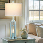 27" Farmhouse Table Lamps for Living Room,Blue Vintage Lamps Set of 2 with USB A+C Charging Ports & AC Outlet, Retro Nightstand Lamp with Fabric Shade for Bedroom, Entryway(4 Bulbs Included)