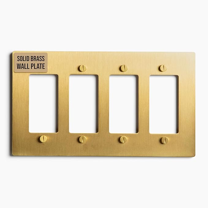 4-Gang Satin Brass Wall Plate, Electrical Receptacle Wall Outlet Faceplate, GFI/Rocker Decorator Light Switch Cover