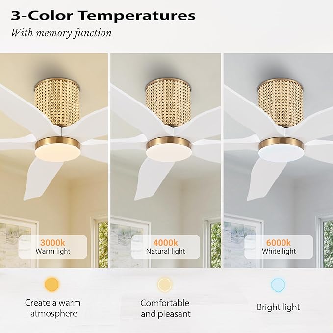 54" Ceiling Fan with Light - Low Profile Flush Mount Ceiling Fan, 6-Speed Remote Control, Solid Wood, Quiet Reversible DC Motor, White/Gold Finish, for Bedroom, Living Room, Porch