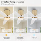 54" Ceiling Fan with Light - Low Profile Flush Mount Ceiling Fan, 6-Speed Remote Control, Solid Wood, Quiet Reversible DC Motor, White/Gold Finish, for Bedroom, Living Room, Porch
