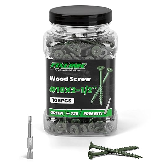 Wood Screws 2-1/2 Inch, FIXLINK Deck Screws #10 x 2-1/2", 105 PCS, Epoxy Coated, T25 Star Bit Above 1500 Hour Salt Spray Coating Outdoor Decking Screws Excellent Rust Resistant for Wood Fence, Green