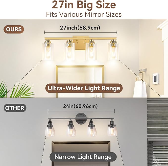 4-Light Bathroom Light Fixtures, 27" Modern Vanity Lights Over Mirror with Clear Glass Shades, Gold Wall Sconce, Classic Wall Light Fixture for Mirror Living Room Cabinet Bedroom Porch Kitchen