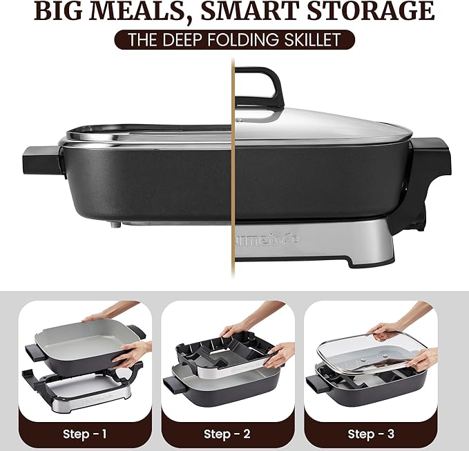 Elite Gourmet EG4403 15" x 12" x 3” Stow-Away Foldable Electric Skillet, Ceralast™ Ceramic Non-stick, 1500W Rapid Heat, Dishwasher Safe Pan & Lid, Black/Gray