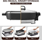 Elite Gourmet EG4403 15" x 12" x 3” Stow-Away Foldable Electric Skillet, Ceralast™ Ceramic Non-stick, 1500W Rapid Heat, Dishwasher Safe Pan & Lid, Black/Gray