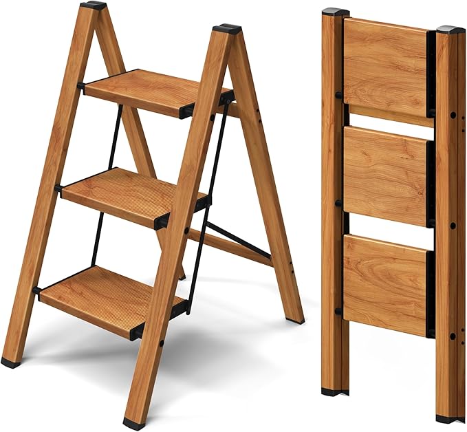 Taranta 3 Step Ladder,Aluminum Lightweight Folding 3 Step Stool with Anti-Slip Wide Pedal, 330lbs Capacity Step Ladder for Household,Kitchen,Office - Woodgrain