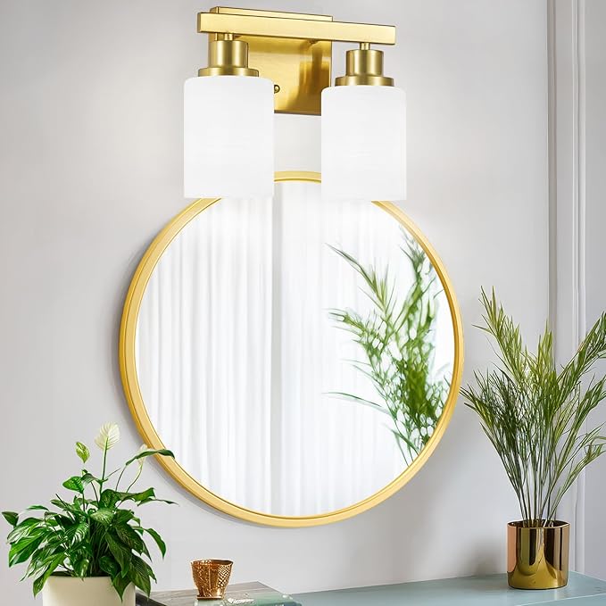 Gold Bathroom Light Fixtures Over Mirror, 2-Light Modern Vanity Lights with White Glass Shade, Bathroom Wall Lamp Sconces for Mirror Bedroom, Living Room Hallway Small Space