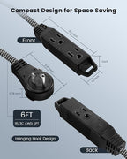 SURAIELEC 6FT Flat Extension Cord with 360° Rotating Plug, Braided Flat Plug with 3 Outlets, 16 AWG Thin Black Extension Cord for Indoor Use, Home, Office, Compact Spaces, ETL Listed