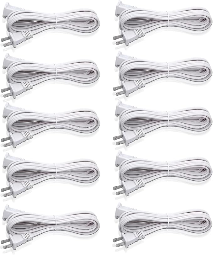 2 Prong Extension Cord, 10Pack Power Cord Extension 10 ft- Ultra Flexible & Lightweight, Safe for Home, Office, Dorm Use White Extension Cord