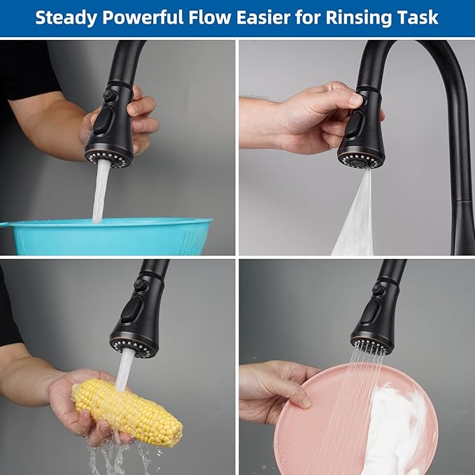 Hibbent Pull Down Kitchen Faucet Head Replacement, NSF/ANSI/CAN 61 & CUPC Certified 3-Function Sink Spray Nozzle with 15 Adapters Compatible with Moen, Delta, Kohler Faucets - Oil-Rubbed Bronze