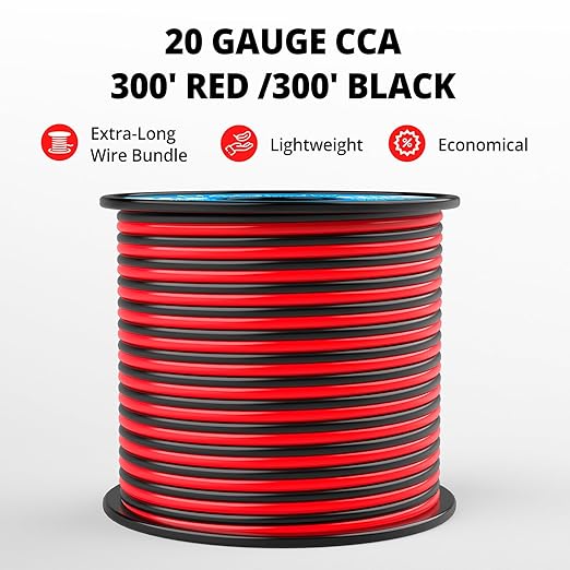 NAOEVO 20 Gauge Wire 300FT, 2 Conductors Electrical Wire Red Black Cable, Flexible/Low Voltage/PVC 20 AWG Copper Clad Aluminum Extension Cord for Speaker, LED Strips, Automotive 12V/24V DC