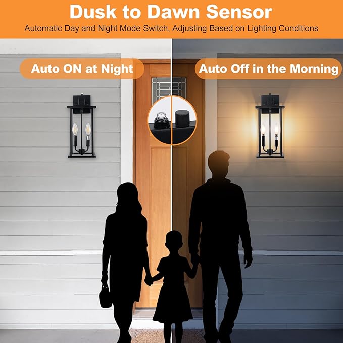 16" Large Dusk to Dawn Outdoo Wall Light Fixtures, Black 2-Pack Exterior Front Porch Light, 2-Light Outdoor Wall Sconce for Outside Patio, Waterproof Exterior Wall Lamp Lighting