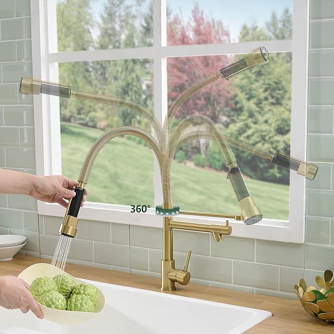 Fapully Commercial Pull Down Kitchen Faucets with Sprayer,Single Handle Spring Brushed Gold Kitchen Sink Faucet