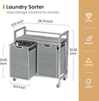 Laundry Hamper, Laundry Basket, Laundry Sorter with 3 Removable Bags, Clothes Basket with 3 Compartments, Wheels, Shelf for Laundry Room Bathroom Bedroom (2 Bags-Gray)