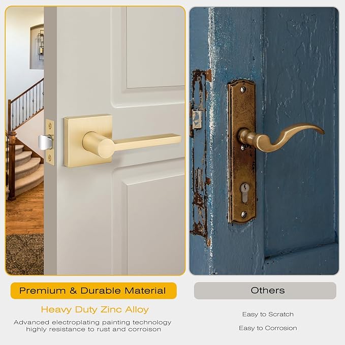 EHOMEWARE 4 Pack Passage Door Knobs, Satin Brass Door Handles Keyless Closet Door Knobs, Interior Door Handle in Gold Finish, Heavy Duty Modern Door Levers