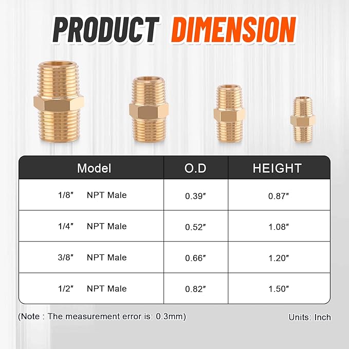 24Pcs Brass Pipe Fittings,1/8" x 1/8",1/4" x 1/4",3/8" x 3/8",1/2" x1/2" NPT Male Hex Nipple Pipe Extension Reducer Nipple Adapter