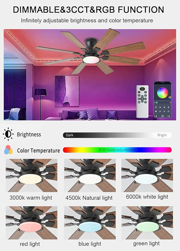 52 inch Ceiling Fan with Light, 6 Speeds Reversible Low Profile Ceiling Fan with Light and Remote/APP Control, 3 Color Temp+Dimmable RGB, 8 Blades, Flush Mount Quiet Ceiling Fans, Brown