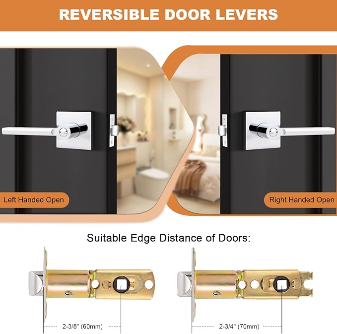 Probrico Polished Chrome Privacy Door Handle Lockset Heavy Duty Square Interior Door Lever for Bedroom or Bathroom Reversible Keyless Handleset Door Knob Slim Handed Levers, 4 Pack