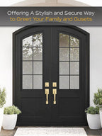 EHOMEWARE Double Front Door Handle Set, 1 Pack Satin Brass Square Door Lever, Exterior Door Knob & Deadbolt Combo, Door Lock Set for Front/Back/Office Doors, Heavy Duty Door Handle