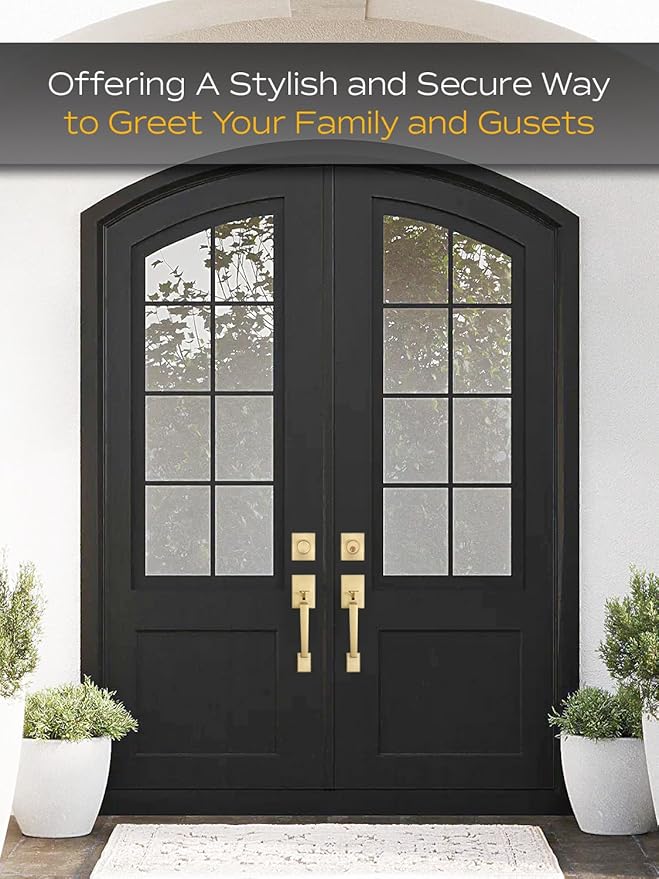 EHOMEWARE Double Front Door Handle Set, 1 Pack Satin Brass Square Door Lever, Exterior Door Knob & Deadbolt Combo, Door Lock Set for Front/Back/Office Doors, Heavy Duty Door Handle