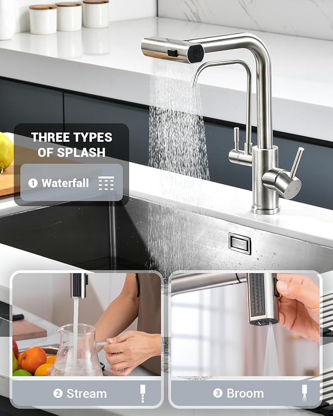 APPASO Waterfall Kitchen Faucet with Water Filter, 2 Handle Kitchen Sink Faucet, Brushed Nickel Kitchen Faucet with Pull Down Sprayer - 3 in 1 Kitchen Sink Faucet (Without Water Filtration Device)
