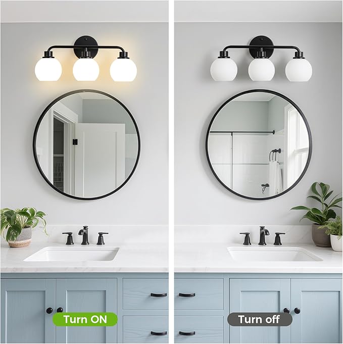 Bathroom Light Fixtures Black Vanity Light, 3 Light Wall Sconces Lighting Bathroom Lights with Milk Glass Shades, Bath Wall Lights Wall Lamp for Mirror, Kitchen, Living Room, Bedroom, Hallway