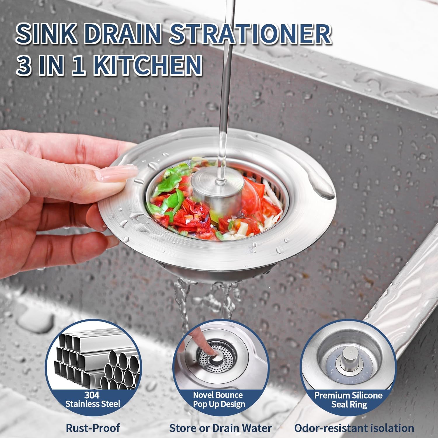 3-in-1 Kitchen Sink Drain Strainer & Sink Stopper - 304 Stainless Steel Pop Up Sink Drain Strainer, Anti-Clogging Kitchen Sink Stopper with Fast Drain Design, Fits Standard 3-1/2'' Sink Drains