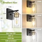 Set of 2 Wall Sconces for Bathroom, Modern Vanity Light Fixtures, Black and Gold Wall Mount Lighting Lanterns, Farmhouse Wall Lights with Clear Glass Shade for Bedroom Living Room Mirror Hallway