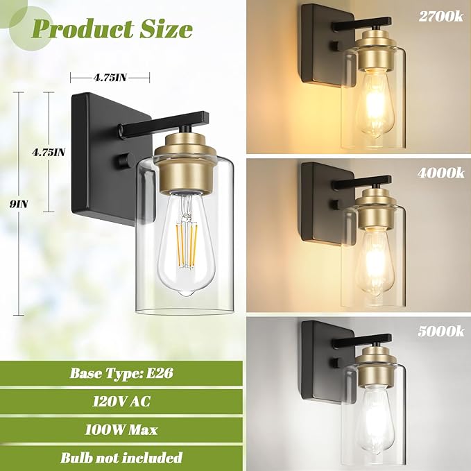 Set of 2 Wall Sconces for Bathroom, Modern Vanity Light Fixtures, Black and Gold Wall Mount Lighting Lanterns, Farmhouse Wall Lights with Clear Glass Shade for Bedroom Living Room Mirror Hallway