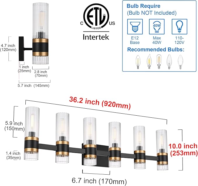 MELUCEE 6 Lights Bathroom Lighting Fixtures Over Mirror, Farmhouse Vanity Lights Matte Black Finish with Ribbed Clear Glass Shade, Metal Wall Mount Light for Bath Kitchen Living Room, E12 Base