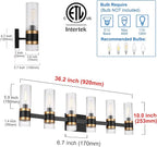 MELUCEE 6 Lights Bathroom Lighting Fixtures Over Mirror, Farmhouse Vanity Lights Matte Black Finish with Ribbed Clear Glass Shade, Metal Wall Mount Light for Bath Kitchen Living Room, E12 Base