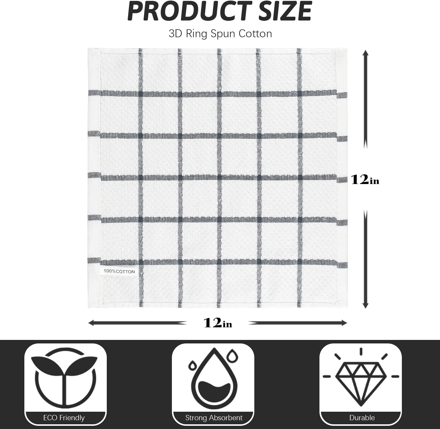 Nialnant Cotton Terry Dish Cloths,Super Soft Dish Towels for Kitchen,Absorbent Dish Rags for Cleaning,12x12 Inches,Black