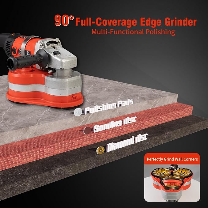 Electric Diamond Floor Grinder Polisher Machine 3800W, 6-Speed Adjustable, with 3 Diamond Wheels for Dustless Grinding, Polishing Cement, Marble, Epoxy, Concrete, Stone, Thinset, Metal Descaling