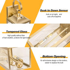 Gold Dusk to Dawn Outdoor Wall Lantern 2-Light, 19" Large Modern Wall Sconce Light Fixture, Industrial Porch Light, Waterproof Farmhouse Exterior Lamp Lighting