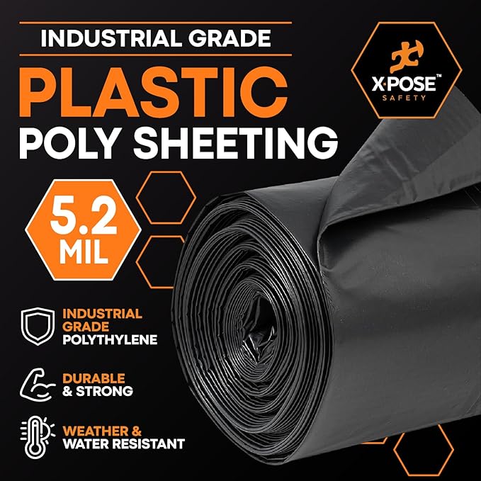 Xpose Safety Black Plastic Sheeting 2 Packs – 10' x 100' Rolls – Heavy Duty 5.2 Mil Poly Sheet – Waterproof, Dustproof, Vapor Barrier – for Construction, Painting, Industrial Use